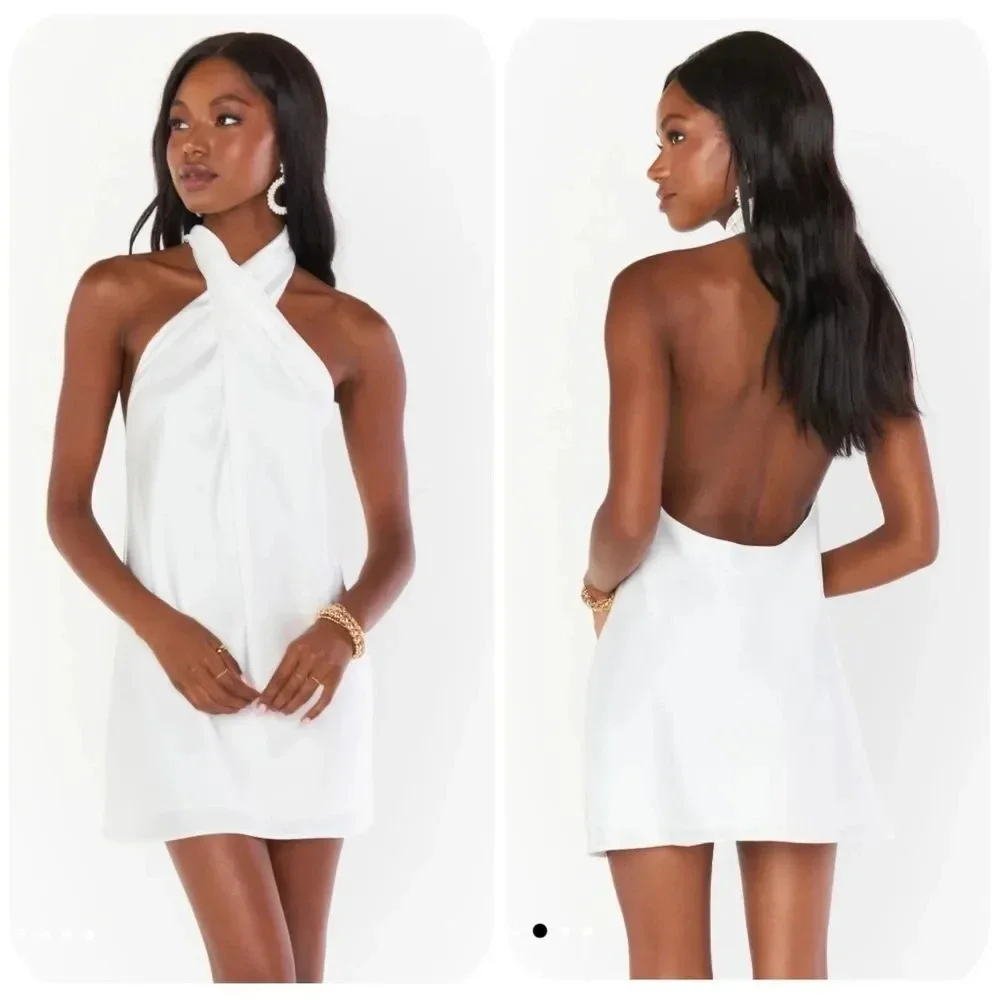 NWOT SHOW ME Your MuMu Jasmine Halter Mini Dress in Ivory Luxe Satin - Picture 3 of 13